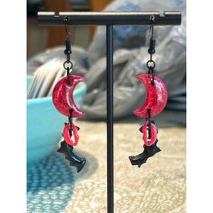 Blood Red Moon Bat Vampire Polymer Clay Handmade Earrings Spooky Season